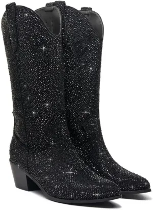 GOSERCE Rhinestone Cowboy Boots Mid Calf Sparkly Cowgirl boots for Women Pointed Toe Low Chunky Stacked Heel 5cm Pull On Tabs Shiny Sparkle Glitter Fashion Party Retro Classic Vintage