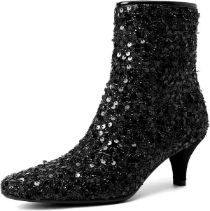 GOSERCE Sparkly Black Ankle Boots for Women Low Heel Kitten Heels Sequins Pointed Toe Bling Fashion Womens Booties Zipper Sexy Short Glitter Boot Ladies Shoes Wedding Party Dance