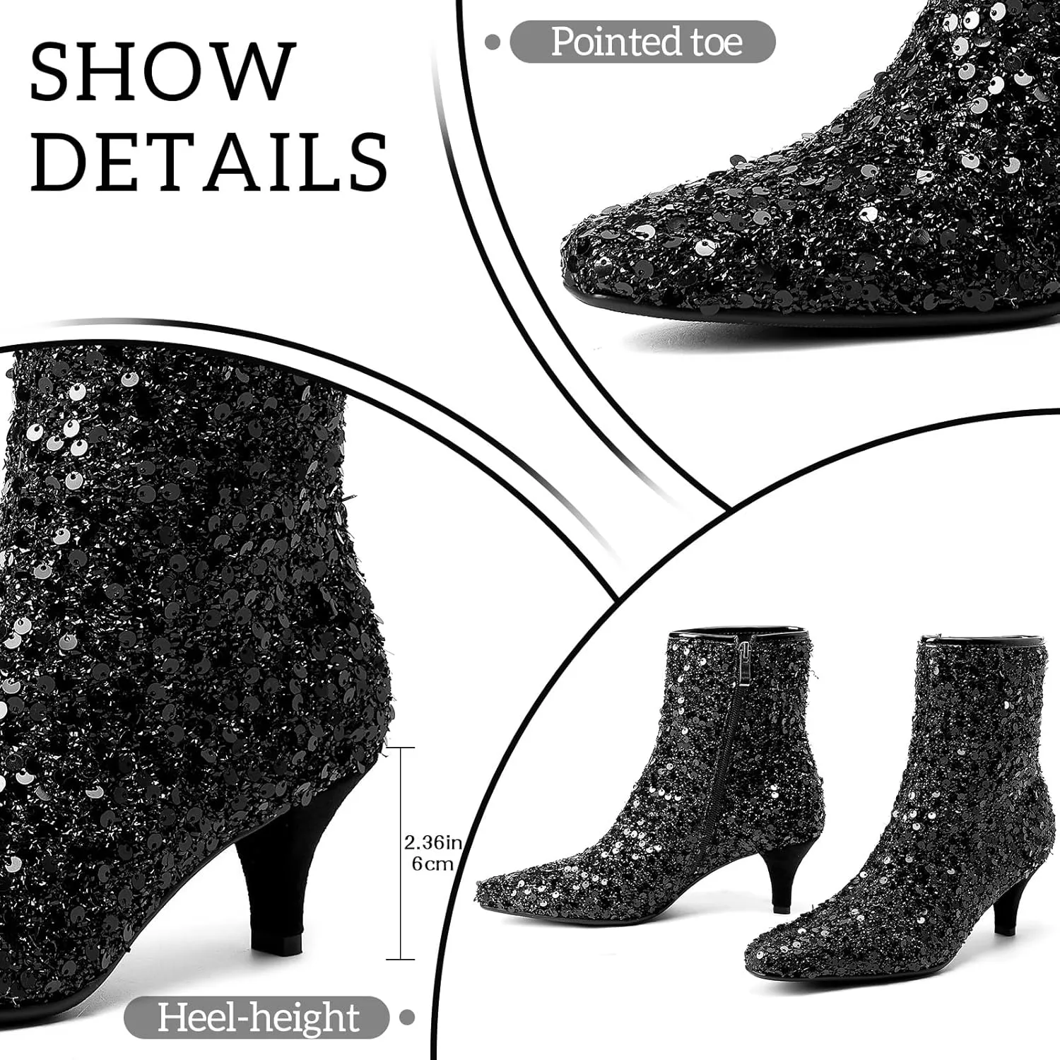 GOSERCE Sparkly Black Ankle Boots for Women Low Heel Kitten Heels Sequins Pointed Toe Bling Fashion Womens Booties Zipper Sexy Short Glitter Boot Ladies Shoes Wedding Party Dance