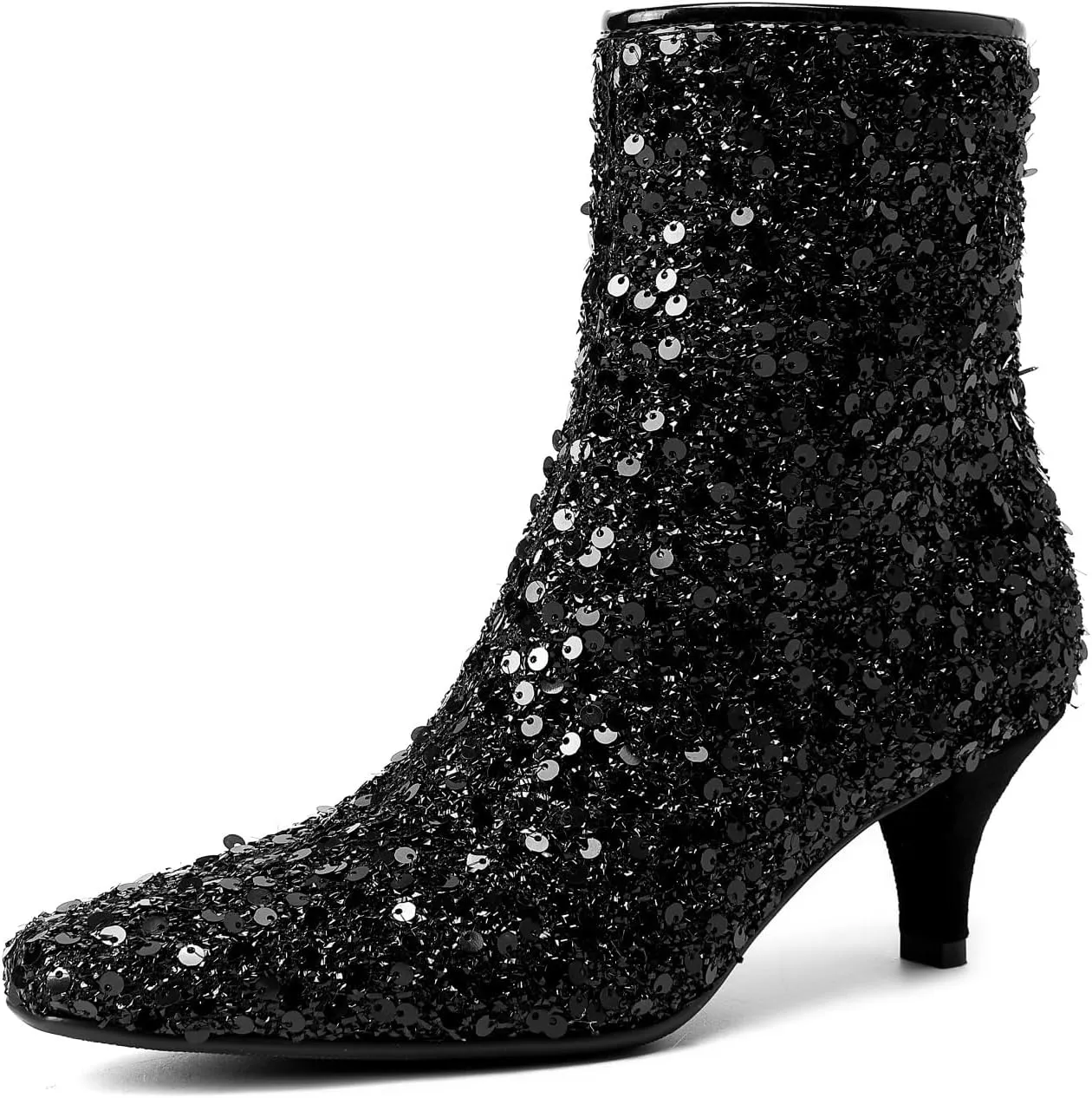 GOSERCE Sparkly Black Ankle Boots for Women Low Heel Kitten Heels Sequins Pointed Toe Bling Fashion Womens Booties Zipper Sexy Short Glitter Boot Ladies Shoes Wedding Party Dance