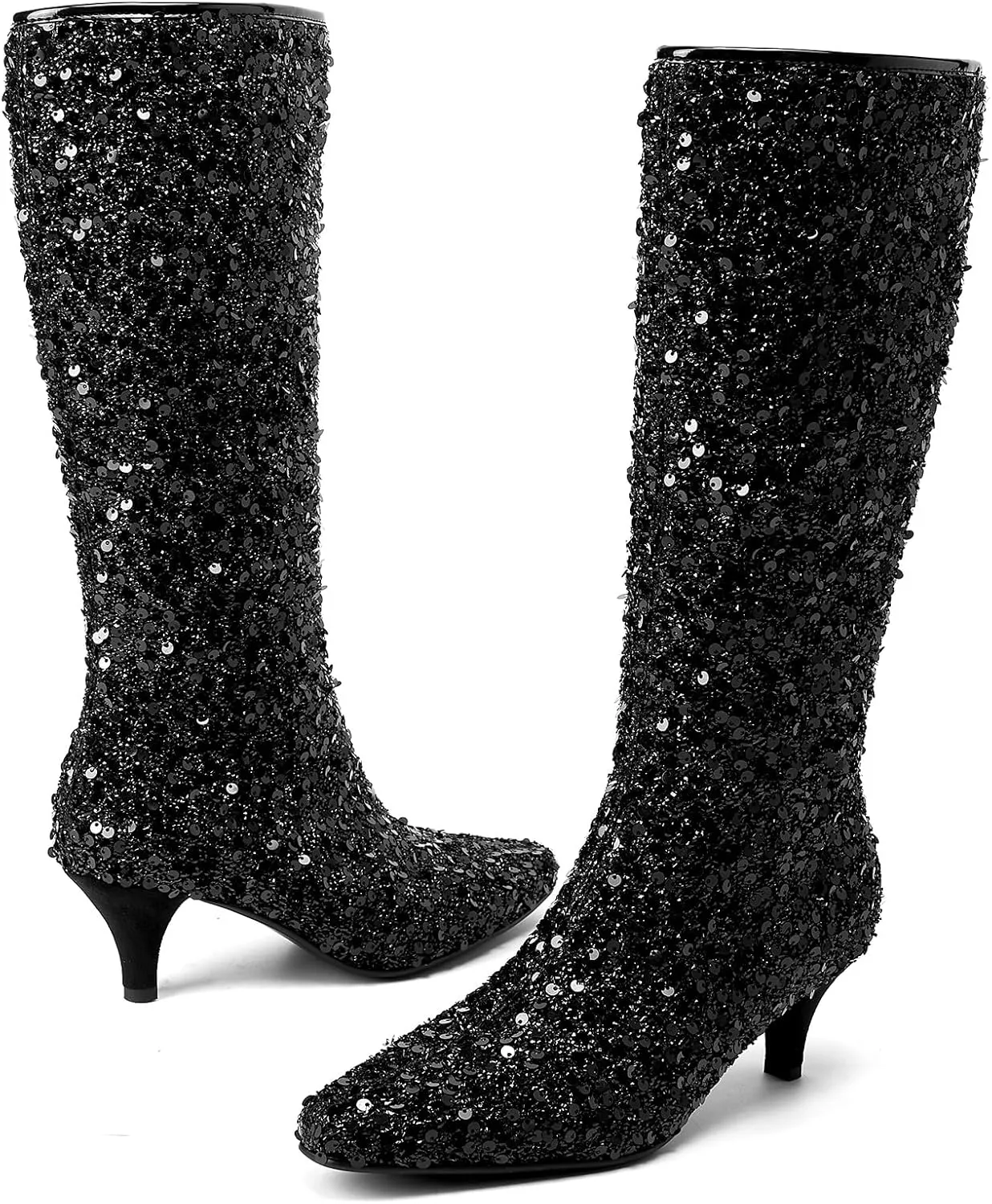GOSERCE Sparkly Black Knee High Boots for Women Low Heel Kitten Heels Sequins Pointed Toe Bling Fashion Womens Booties Zipper Sexy Short Glitter Boot Ladies Shoes Wedding Party Dance