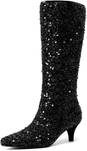 GOSERCE Sparkly Black Knee High Boots for Women Low Heel Kitten Heels Sequins Pointed Toe Bling Fashion Womens Booties Zipper Sexy Short Glitter Boot Ladies Shoes Wedding Party Dance