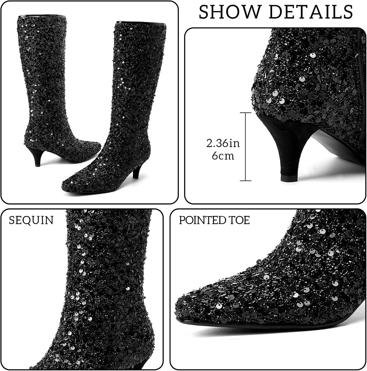 GOSERCE Sparkly Black Knee High Boots for Women Low Heel Kitten Heels Sequins Pointed Toe Bling Fashion Womens Booties Zipper Sexy Short Glitter Boot Ladies Shoes Wedding Party Dance