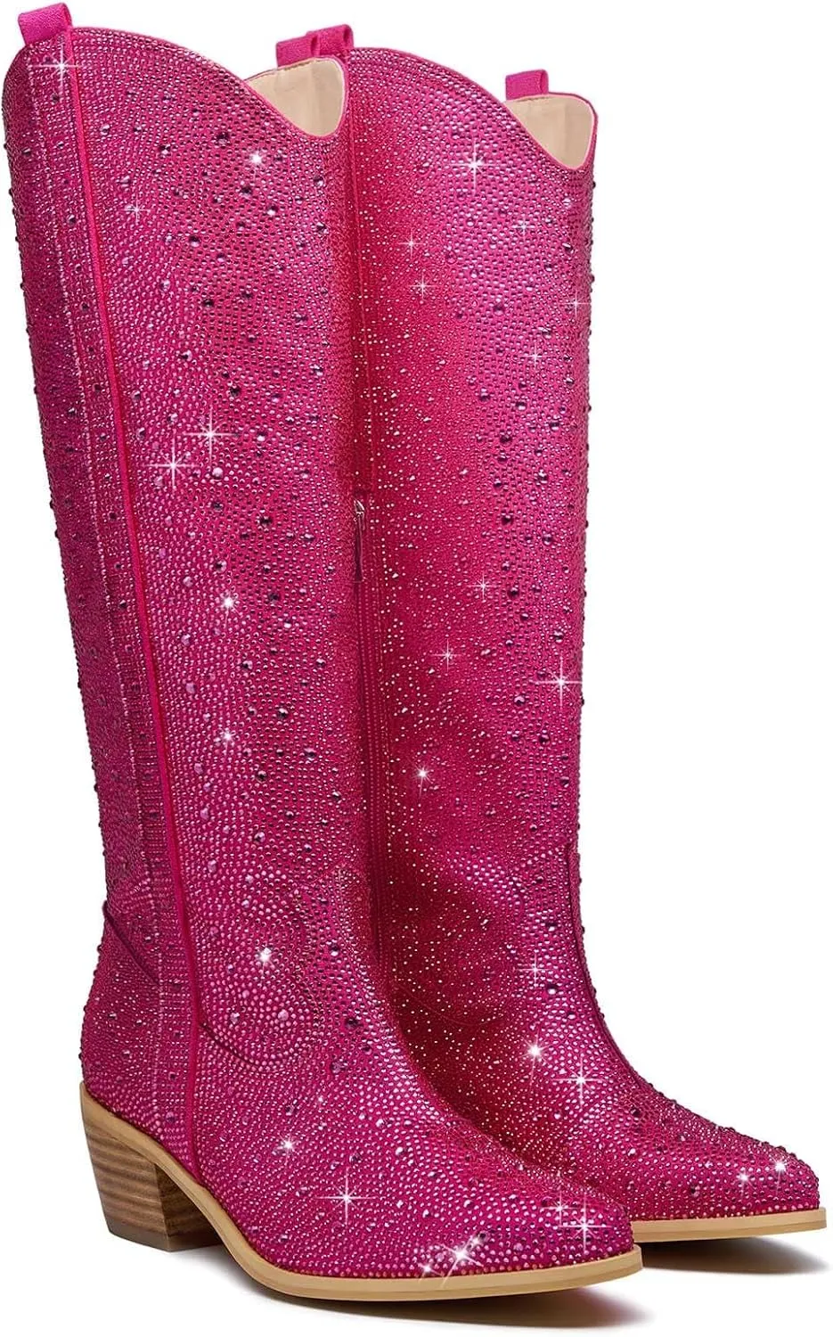 GOSERCE Women's Rhinestone Knee High Cowboy Boots Over the Knee Cowgirl Tall boots Pointed Toe Low Chunky Stacked Heel 5cm Pull On Tabs with Side Zipper Wide Sparkle Glitter Fashion Boots Party Retro Classic