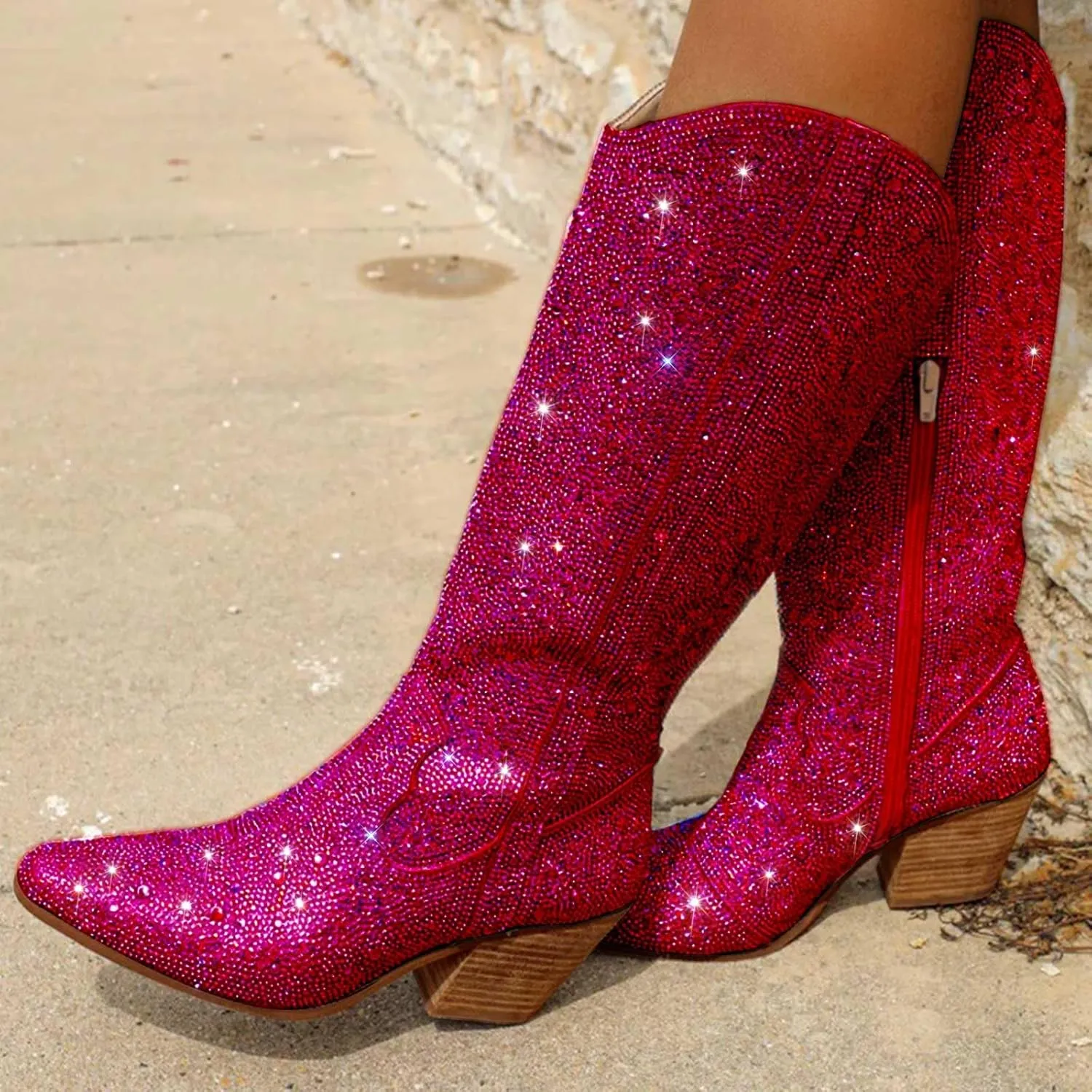GOSERCE Women's Rhinestone Knee High Cowboy Boots Over the Knee Cowgirl Tall boots Pointed Toe Low Chunky Stacked Heel 5cm Pull On Tabs with Side Zipper Wide Sparkle Glitter Fashion Boots Party Retro Classic