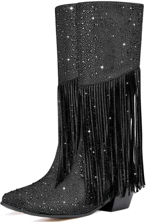 GOSERCE Women's Rhinestone Knee High Cowboy Boots Over the Knee Cowgirl Tall boots Pointed Toe Low Chunky Stacked Heel 5cm Pull On Tabs with Side Zipper Wide Sparkle Glitter Fashion Boots Party Retro Classic