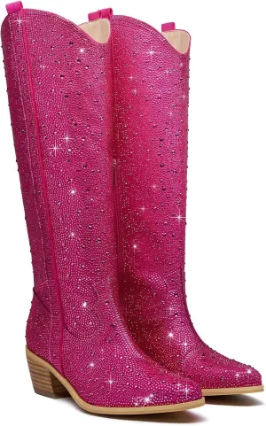 GOSERCE Women's Rhinestone Knee High Cowboy Boots Over the Knee Cowgirl Tall boots Pointed Toe Low Chunky Stacked Heel 5cm Pull On Tabs with Side Zipper Wide Sparkle Glitter Fashion Boots Party Retro Classic