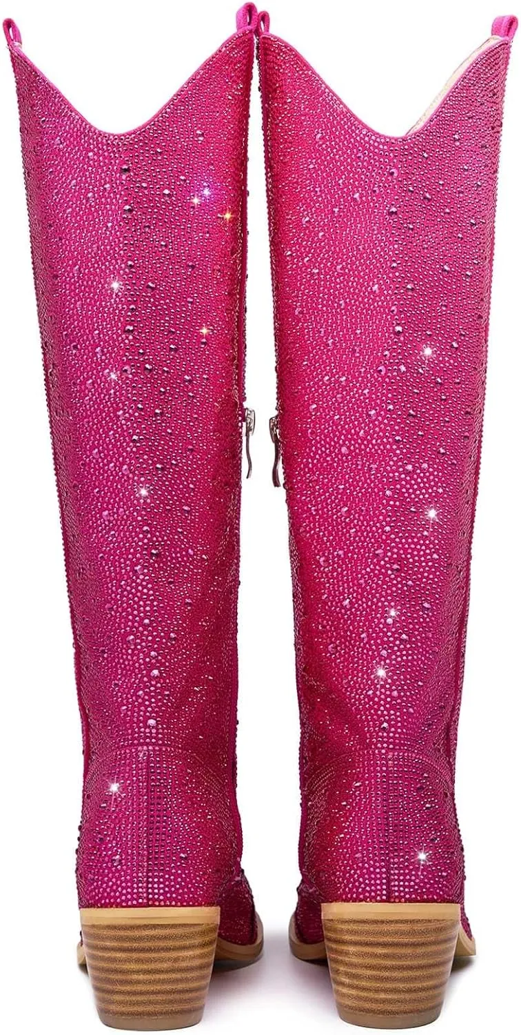 GOSERCE Women's Rhinestone Knee High Cowboy Boots Over the Knee Cowgirl Tall boots Pointed Toe Low Chunky Stacked Heel 5cm Pull On Tabs with Side Zipper Wide Sparkle Glitter Fashion Boots Party Retro Classic