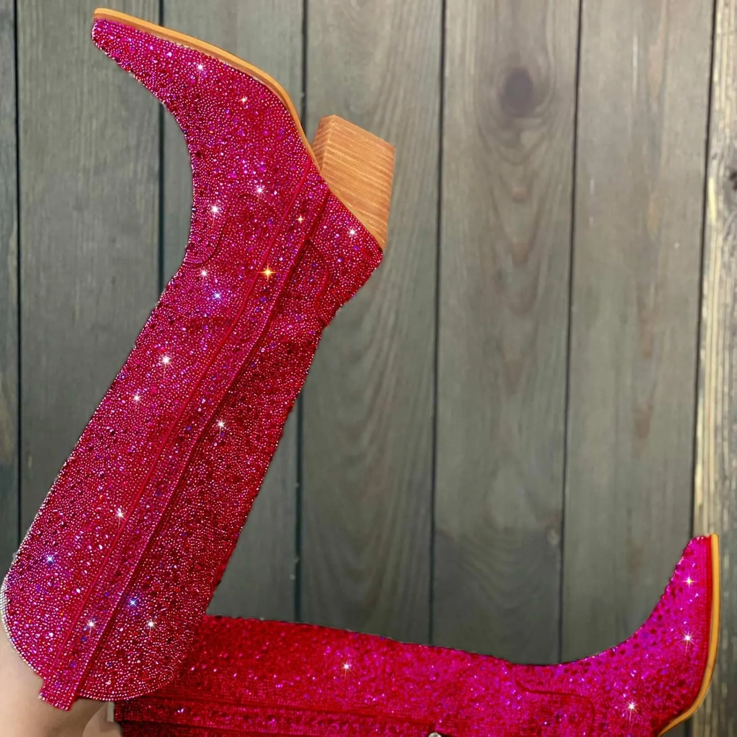GOSERCE Women's Rhinestone Knee High Cowboy Boots Over the Knee Cowgirl Tall boots Pointed Toe Low Chunky Stacked Heel 5cm Pull On Tabs with Side Zipper Wide Sparkle Glitter Fashion Boots Party Retro Classic
