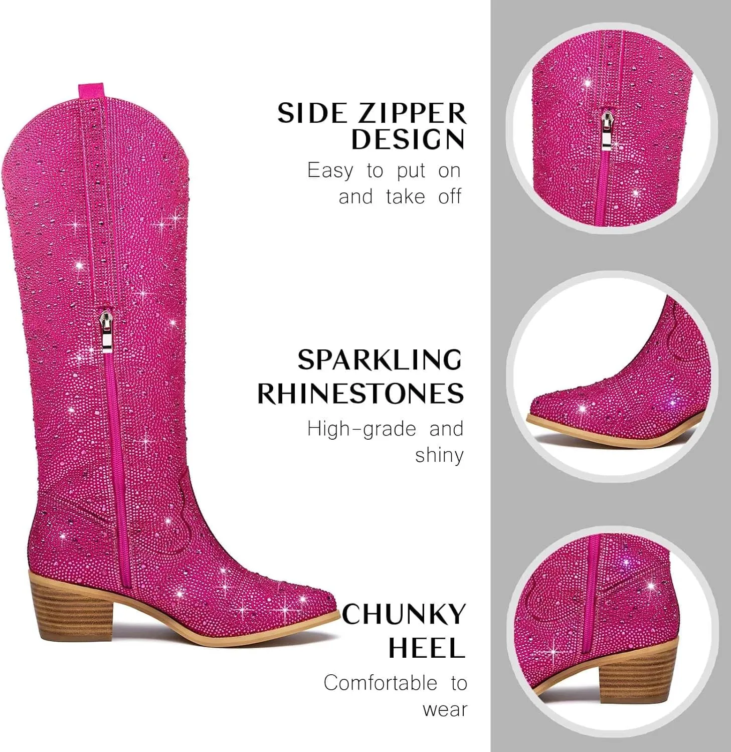 GOSERCE Women's Rhinestone Knee High Cowboy Boots Over the Knee Cowgirl Tall boots Pointed Toe Low Chunky Stacked Heel 5cm Pull On Tabs with Side Zipper Wide Sparkle Glitter Fashion Boots Party Retro Classic
