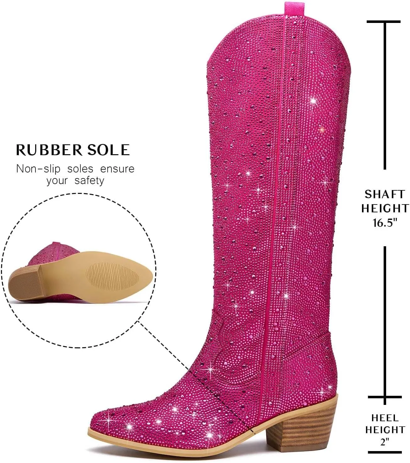 GOSERCE Women's Rhinestone Knee High Cowboy Boots Over the Knee Cowgirl Tall boots Pointed Toe Low Chunky Stacked Heel 5cm Pull On Tabs with Side Zipper Wide Sparkle Glitter Fashion Boots Party Retro Classic