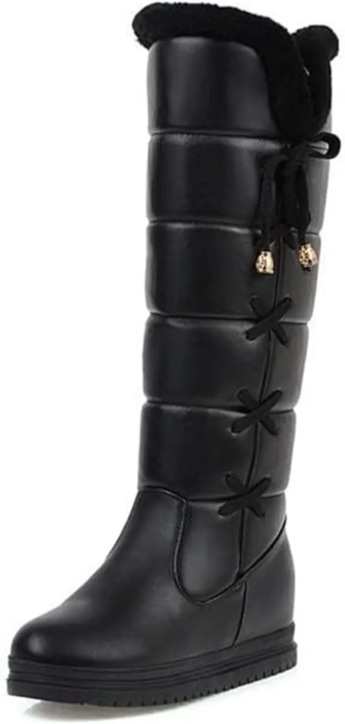 GUNIYIFS Winter Snow Boots for Women Waterproof Knee High Boots Women Wide Calf Platform Lace Up Fur Lined Warm Pink Boots