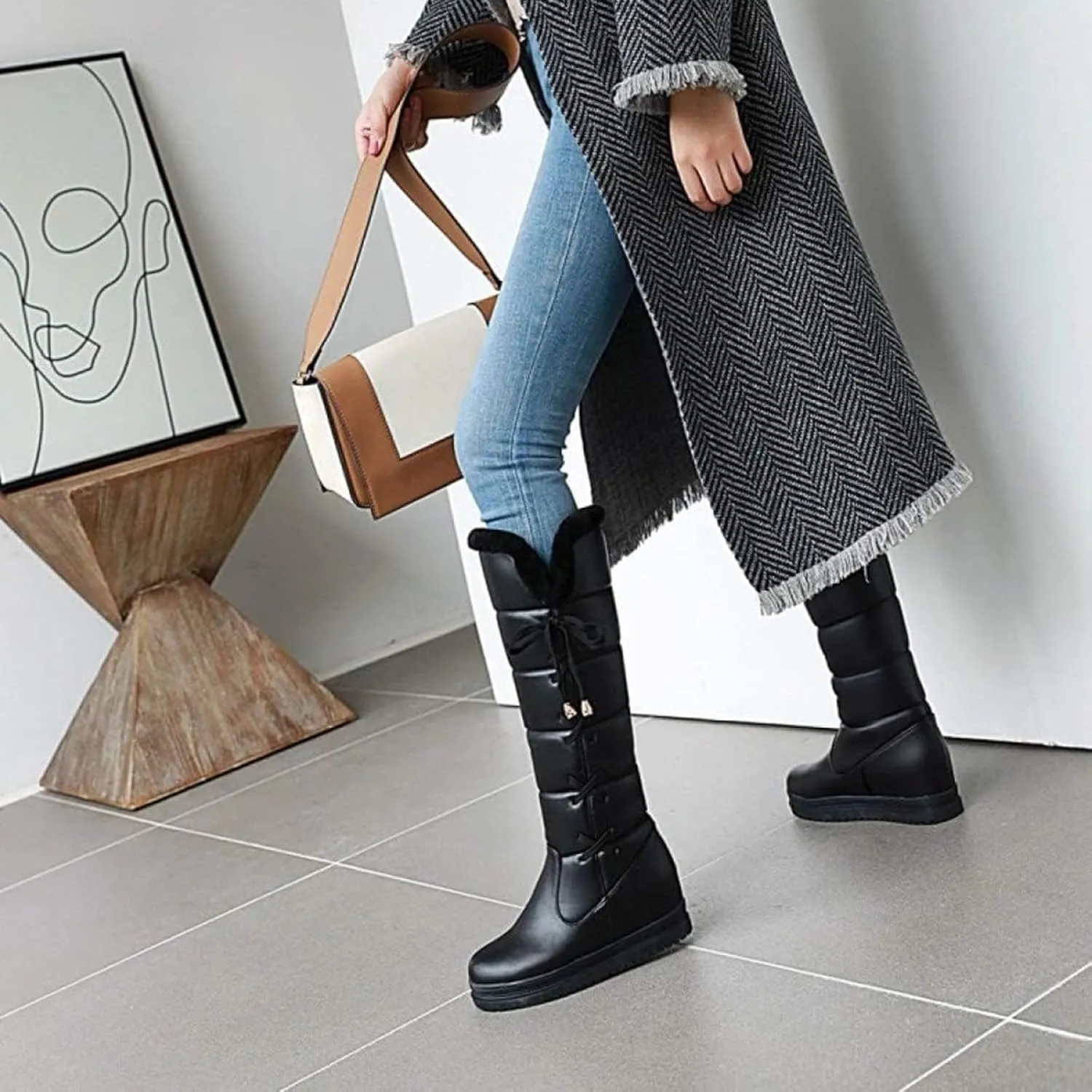 GUNIYIFS Winter Snow Boots for Women Waterproof Knee High Boots Women Wide Calf Platform Lace Up Fur Lined Warm Pink Boots