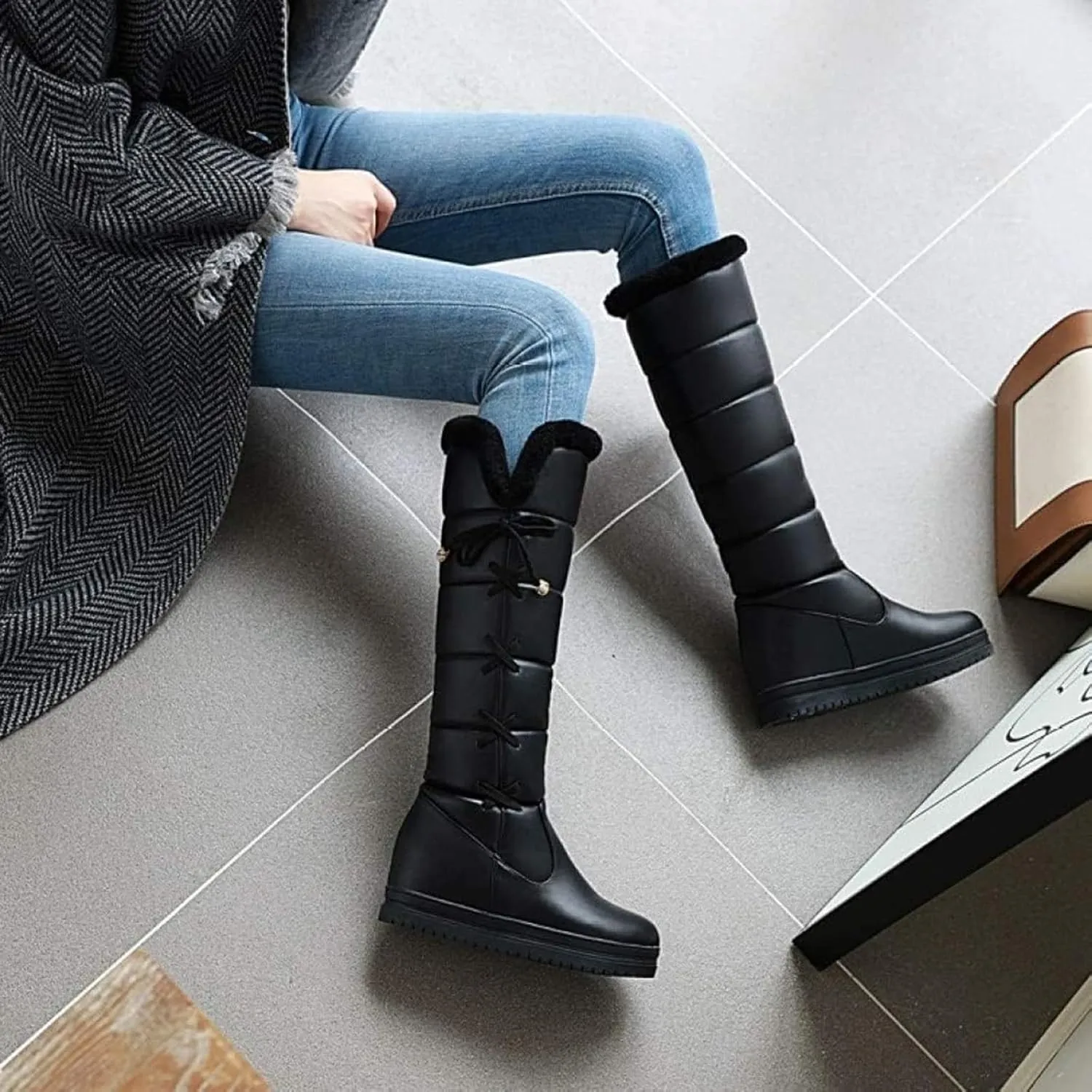 GUNIYIFS Winter Snow Boots for Women Waterproof Knee High Boots Women Wide Calf Platform Lace Up Fur Lined Warm Pink Boots