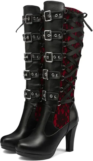 GUNIYIFS Women Lace Knee High Boots Buckle High Heel Knee Boots Lace Up Punk Platform Back Zipper Riding Goth Combat Bootie