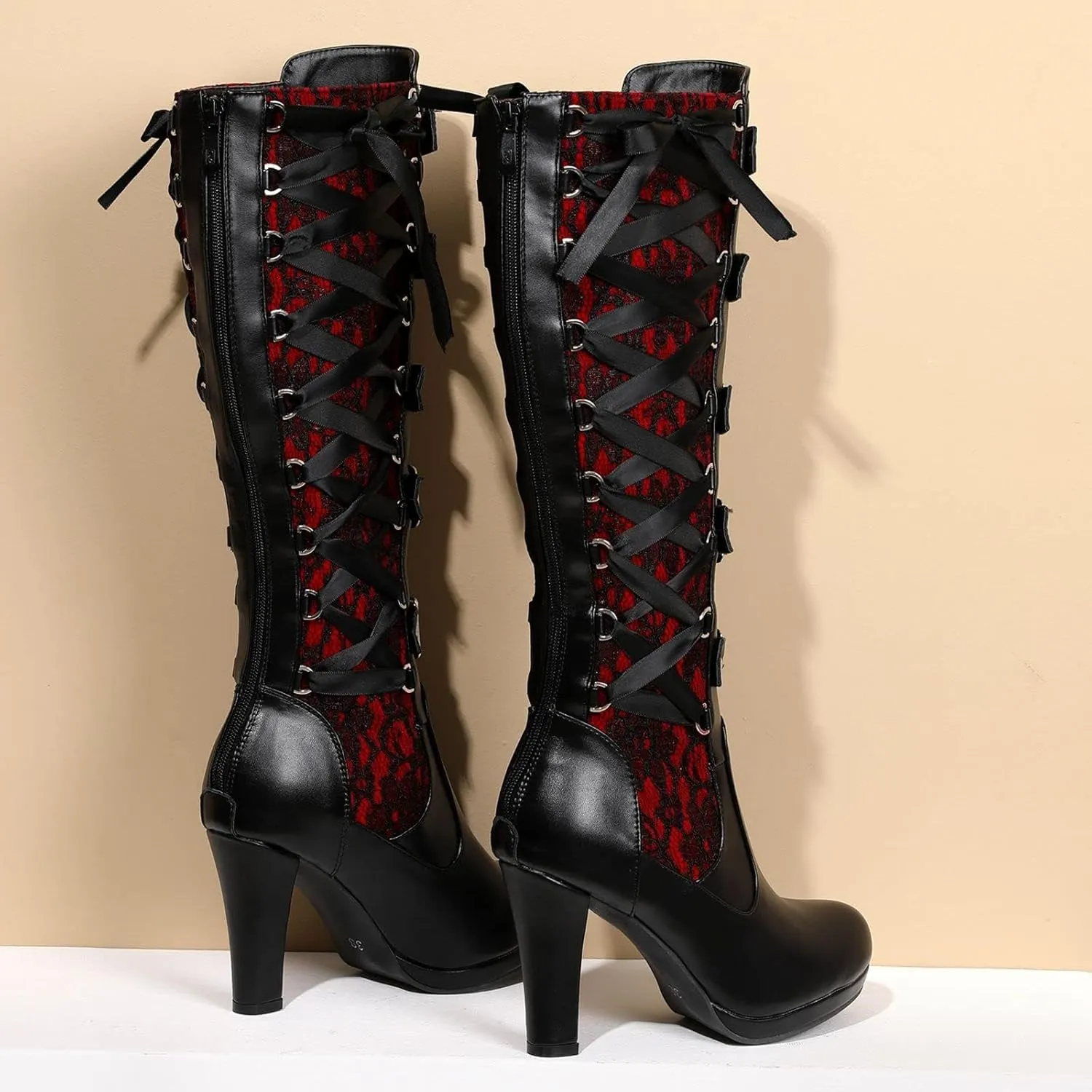 GUNIYIFS Women Lace Knee High Boots Buckle High Heel Knee Boots Lace Up Punk Platform Back Zipper Riding Goth Combat Bootie