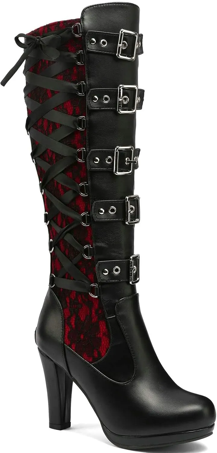 GUNIYIFS Women Lace Knee High Boots Buckle High Heel Knee Boots Lace Up Punk Platform Back Zipper Riding Goth Combat Bootie