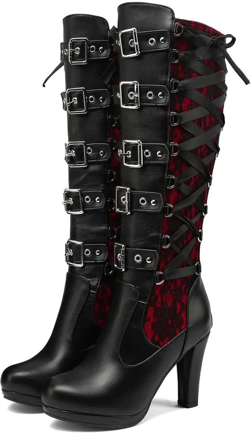 GUNIYIFS Women Lace Knee High Boots Buckle High Heel Knee Boots Lace Up Punk Platform Back Zipper Riding Goth Combat Bootie