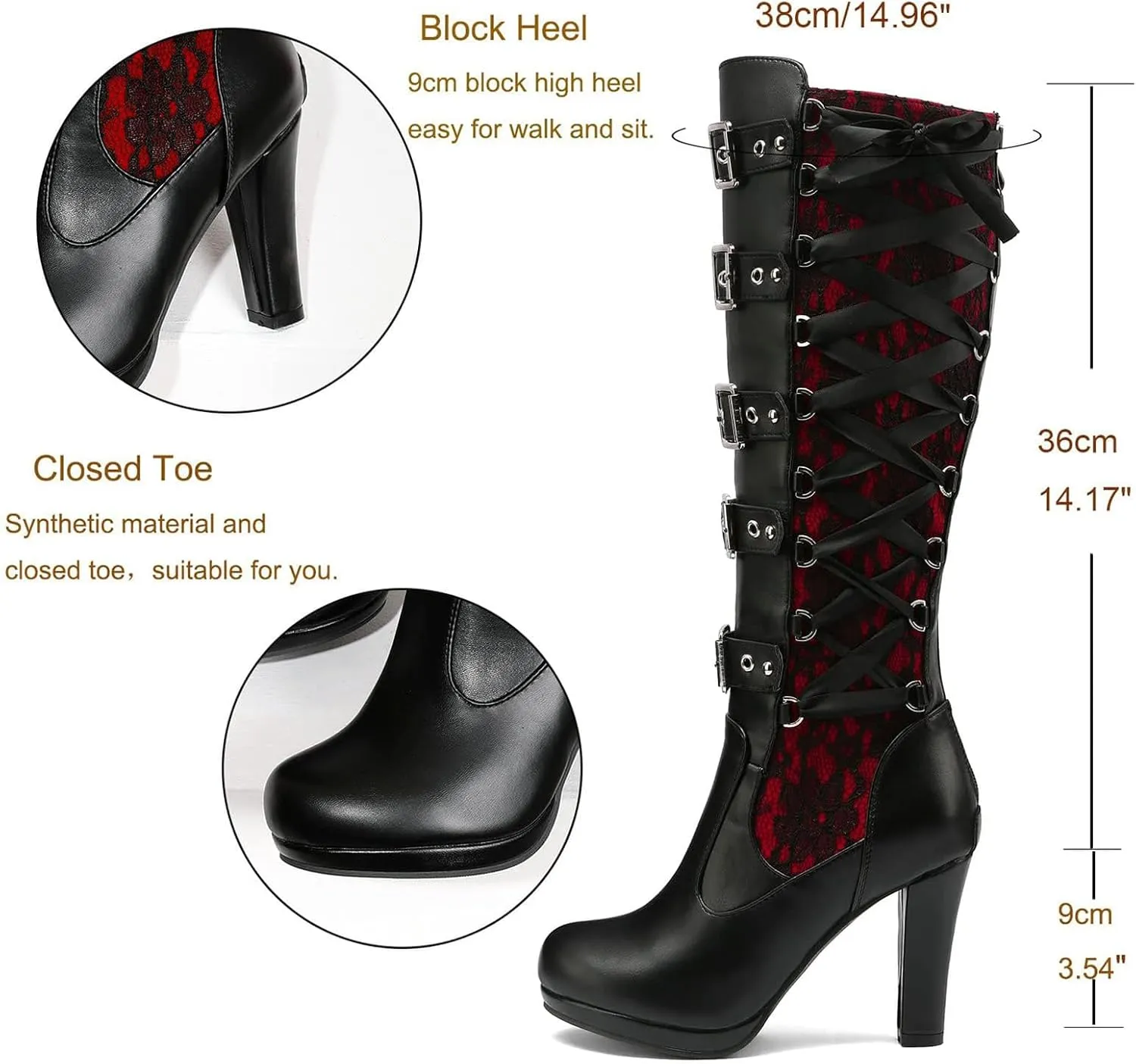 GUNIYIFS Women Lace Knee High Boots Buckle High Heel Knee Boots Lace Up Punk Platform Back Zipper Riding Goth Combat Bootie