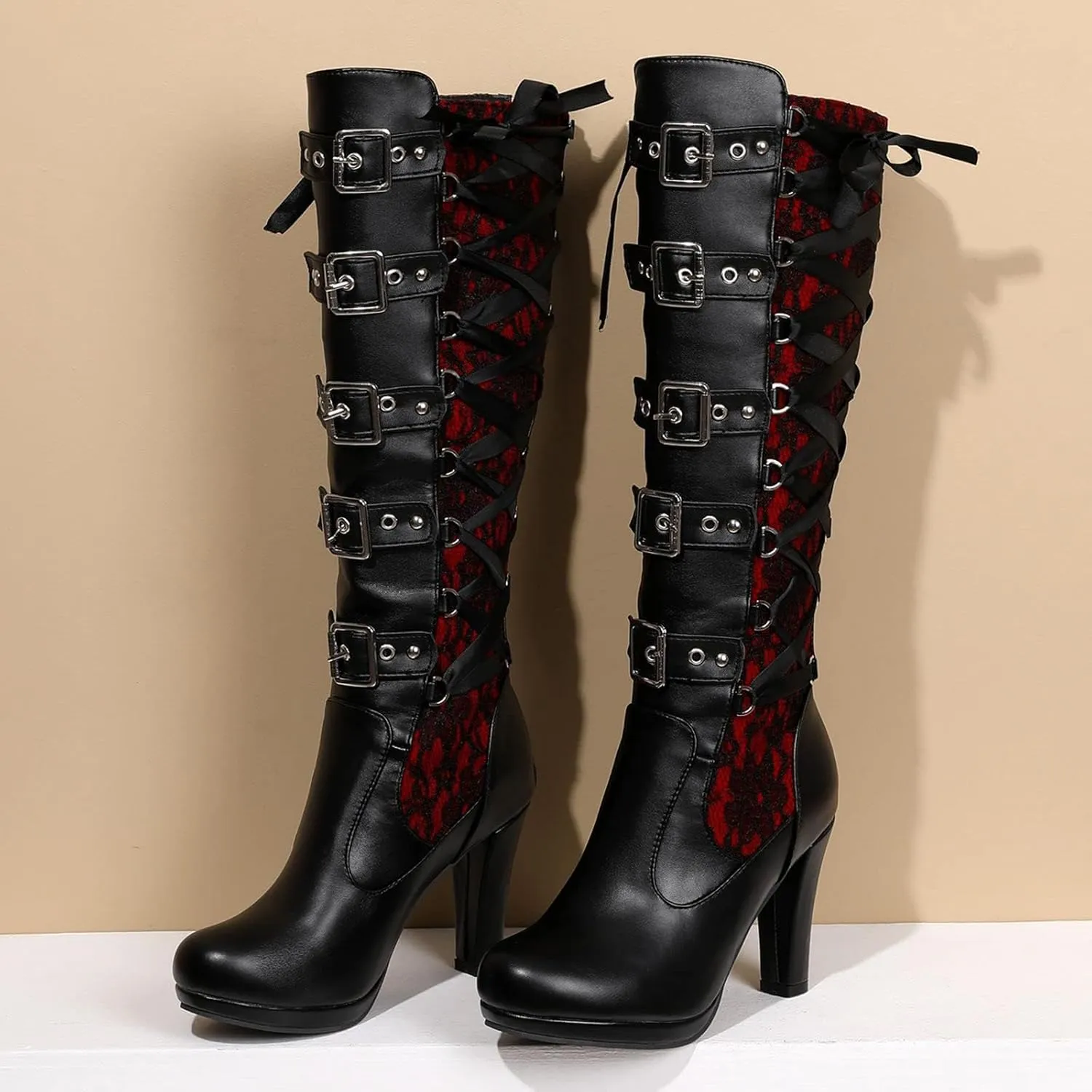 GUNIYIFS Women Lace Knee High Boots Buckle High Heel Knee Boots Lace Up Punk Platform Back Zipper Riding Goth Combat Bootie