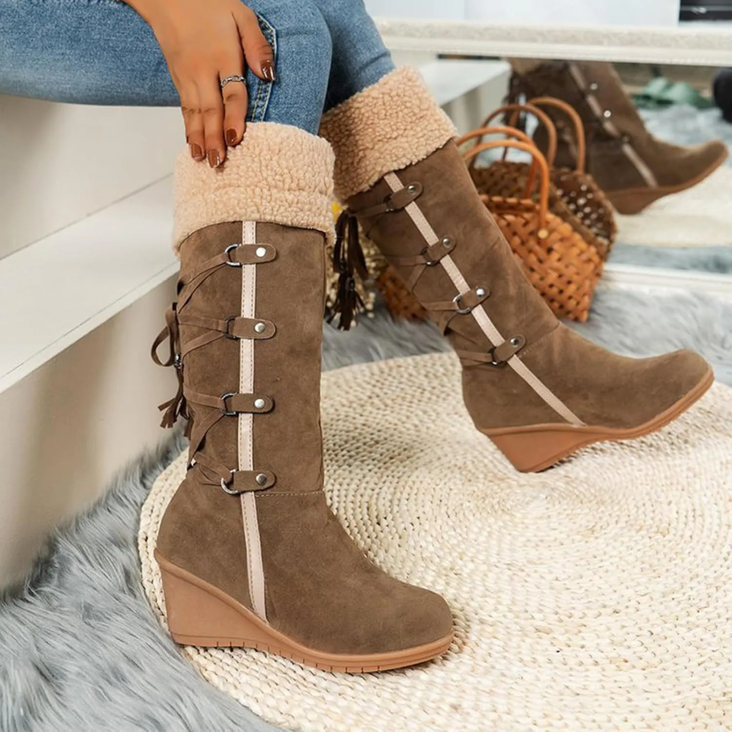 GUNIYIFS Womens Winter Snow Boots Wedge The Knee Thigh Faux Fur Lined Warm Boots Comfortable Fringe Back Lace-Up High Boots