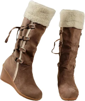 GUNIYIFS Womens Winter Snow Boots Wedge The Knee Thigh Faux Fur Lined Warm Boots Comfortable Fringe Back Lace-Up High Boots