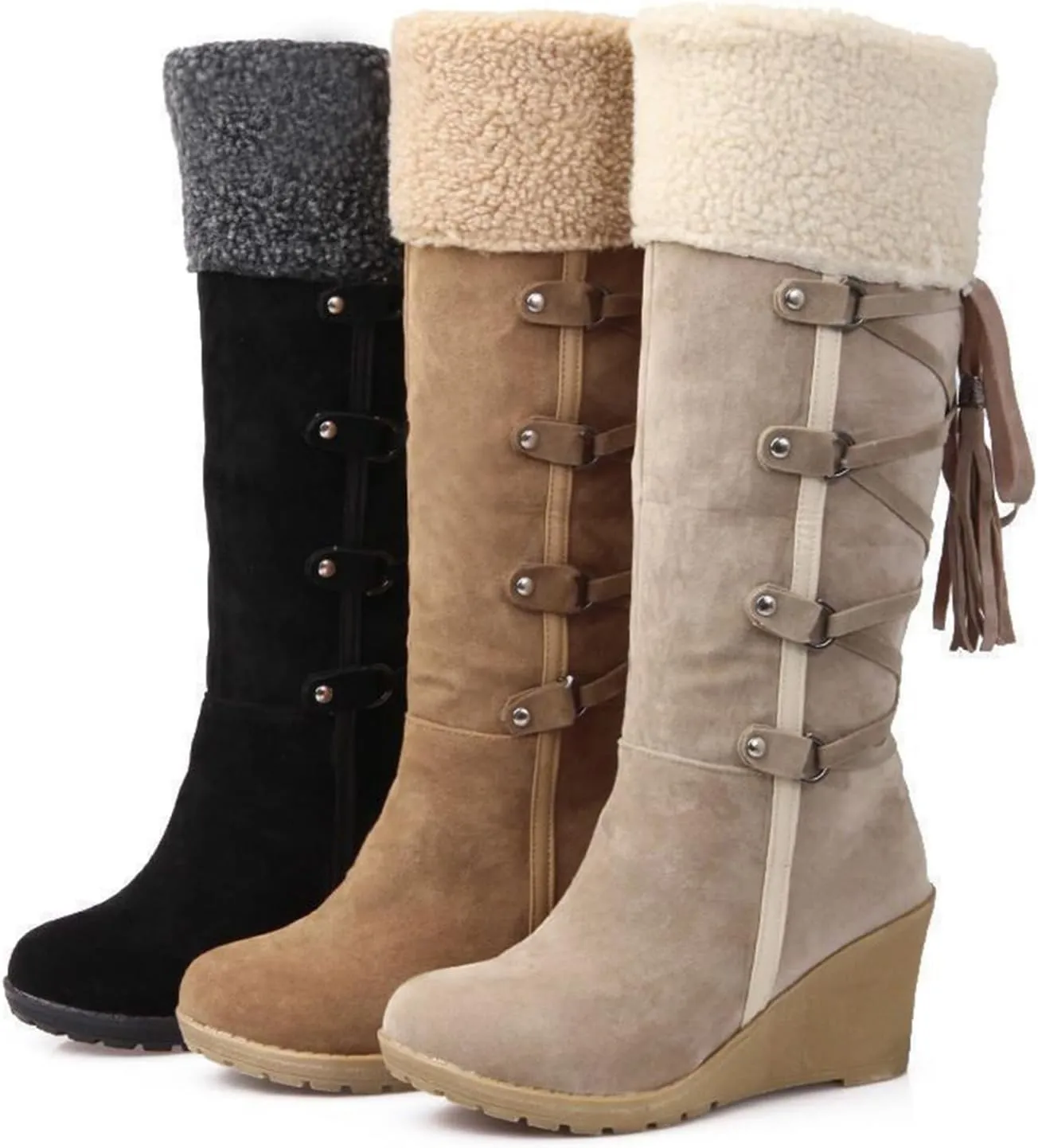 GUNIYIFS Womens Winter Snow Boots Wedge The Knee Thigh Faux Fur Lined Warm Boots Comfortable Fringe Back Lace-Up High Boots