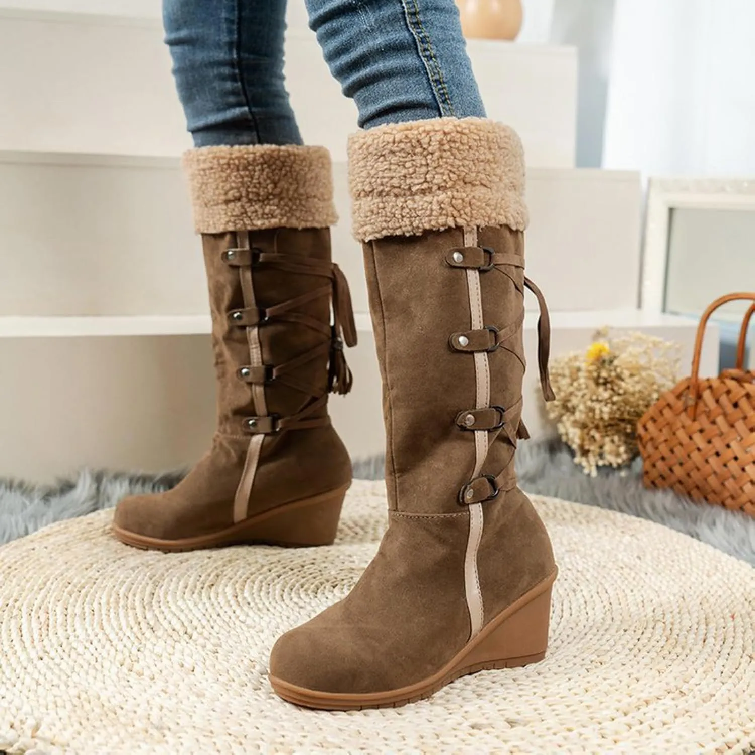 GUNIYIFS Womens Winter Snow Boots Wedge The Knee Thigh Faux Fur Lined Warm Boots Comfortable Fringe Back Lace-Up High Boots