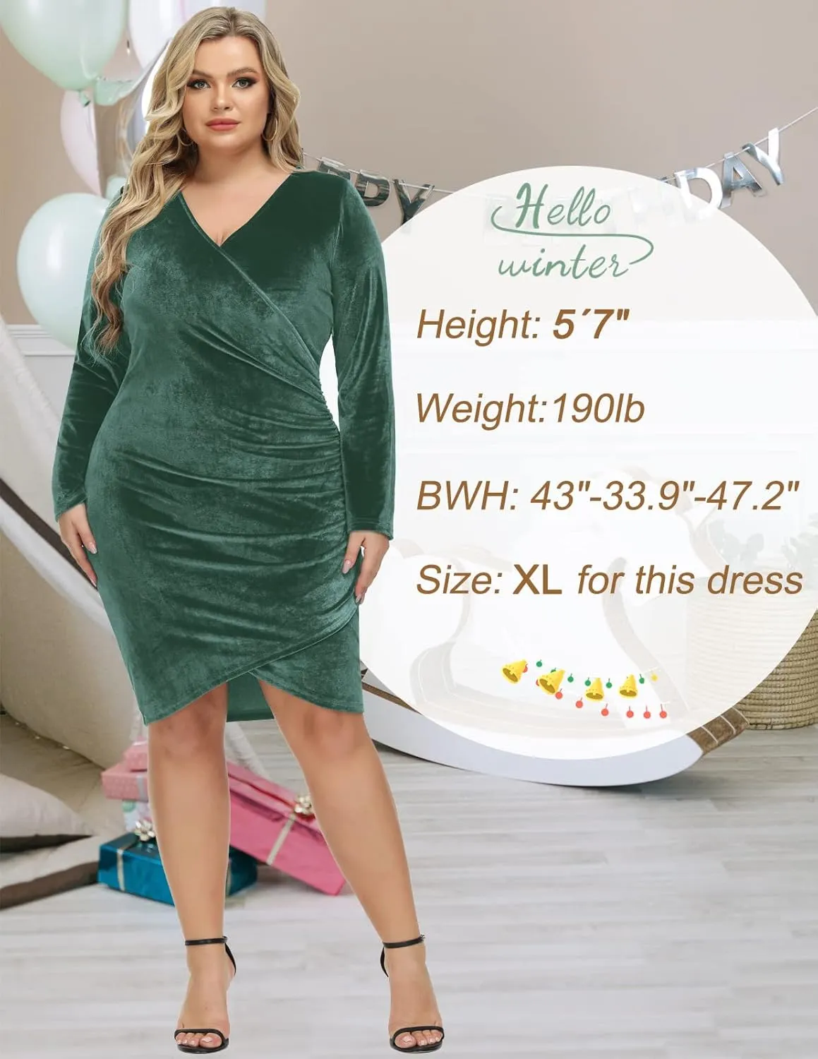 HALCYEEN Womens Long Sleeve Velvet Dress Wrap Ruched V Neck Bodycon Slim Cocktail Party Club Dresses S-XXL