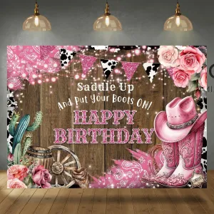 Happy Birthday Backdrop Western Cowgirl Pink Floral Boots Wild West Rustic Wooden Floor Photography Background Girls Birthday Party Decoration Supplies Banner Photo Booth Studio Props 7x5ft