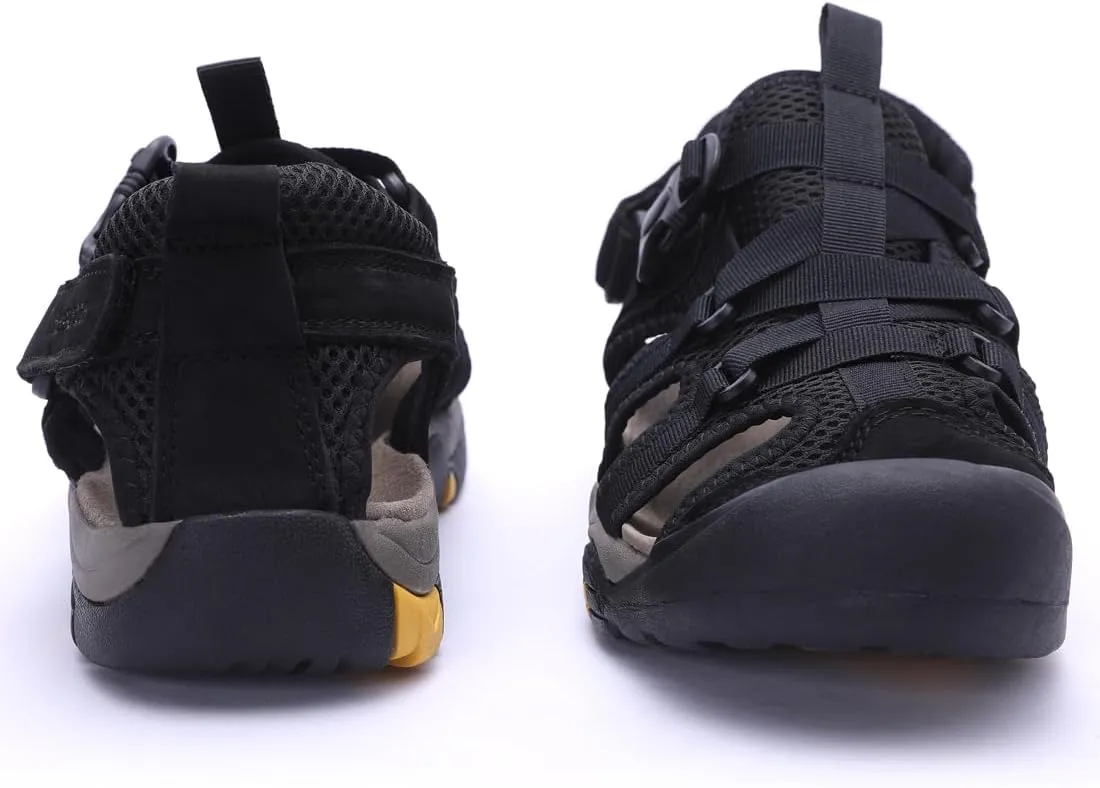 Harssidanzar Hiking Genuine Leather Sandals,Men Wide Adjustable Arch Support Closed Toe Water Shoes For Summer Walking Trail River Fishing Outdoor Sports KM222US