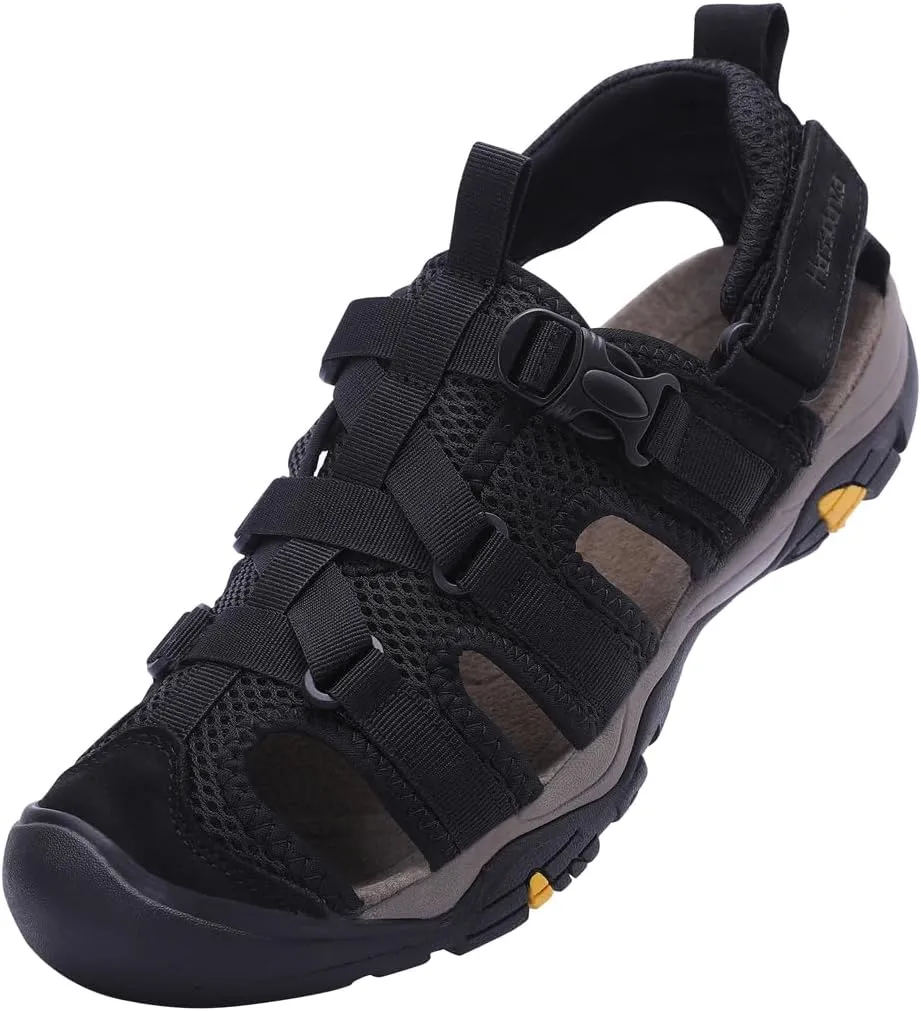 Harssidanzar Hiking Genuine Leather Sandals,Men Wide Adjustable Arch Support Closed Toe Water Shoes For Summer Walking Trail River Fishing Outdoor Sports KM222US
