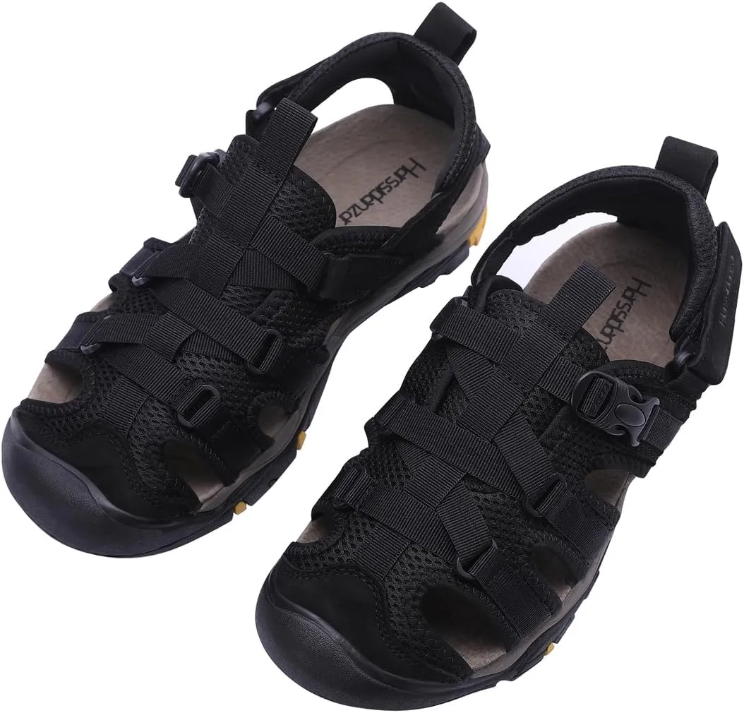 Harssidanzar Hiking Genuine Leather Sandals,Men Wide Adjustable Arch Support Closed Toe Water Shoes For Summer Walking Trail River Fishing Outdoor Sports KM222US