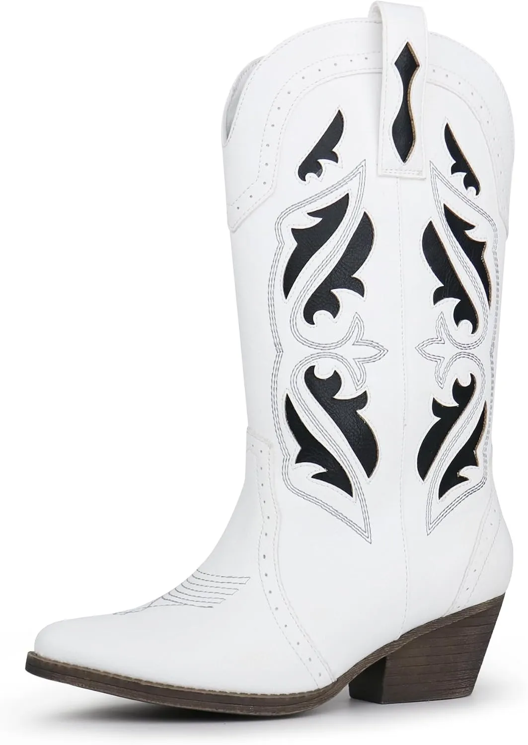 Hawkwell Women's Embroidered Stitched Mid Calf Cowboy Boots Pointed Toe Chunky Block Heel Classic Pull On Cowgirl Western Booties
