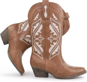 Hawkwell Women's Embroidered Stitched Mid Calf Cowboy Boots Pointed Toe Chunky Block Heel Classic Pull On Cowgirl Western Booties