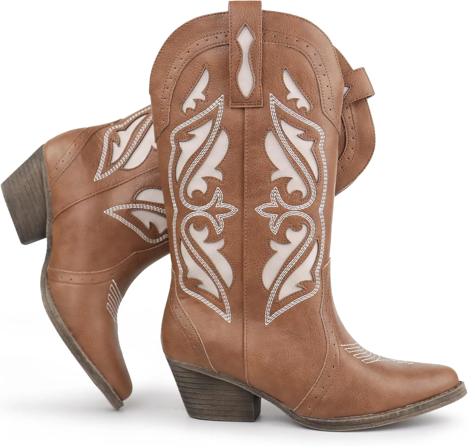 Hawkwell Women's Embroidered Stitched Mid Calf Cowboy Boots Pointed Toe Chunky Block Heel Classic Pull On Cowgirl Western Booties