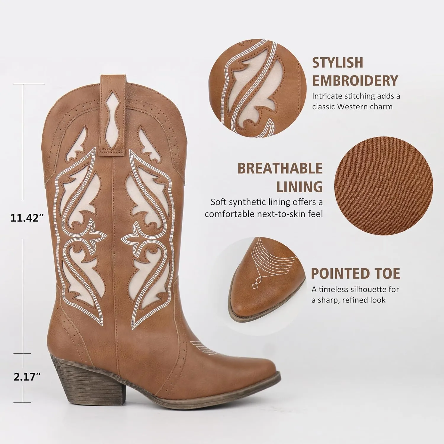 Hawkwell Women's Embroidered Stitched Mid Calf Cowboy Boots Pointed Toe Chunky Block Heel Classic Pull On Cowgirl Western Booties