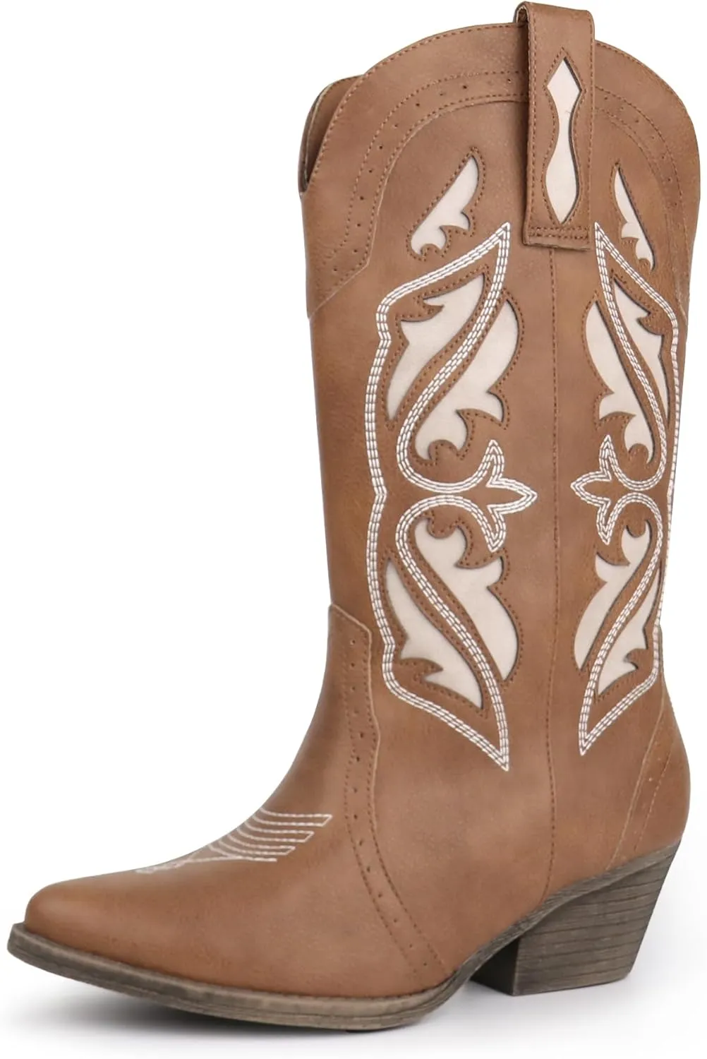 Hawkwell Women's Embroidered Stitched Mid Calf Cowboy Boots Pointed Toe Chunky Block Heel Classic Pull On Cowgirl Western Booties