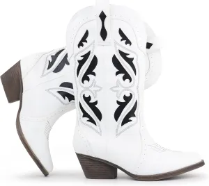 Hawkwell Women's Embroidered Stitched Mid Calf Cowboy Boots Pointed Toe Chunky Block Heel Classic Pull On Cowgirl Western Booties
