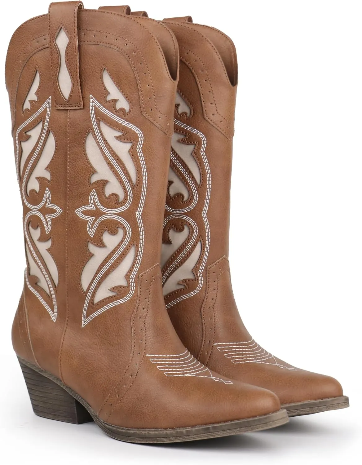 Hawkwell Women's Embroidered Stitched Mid Calf Cowboy Boots Pointed Toe Chunky Block Heel Classic Pull On Cowgirl Western Booties