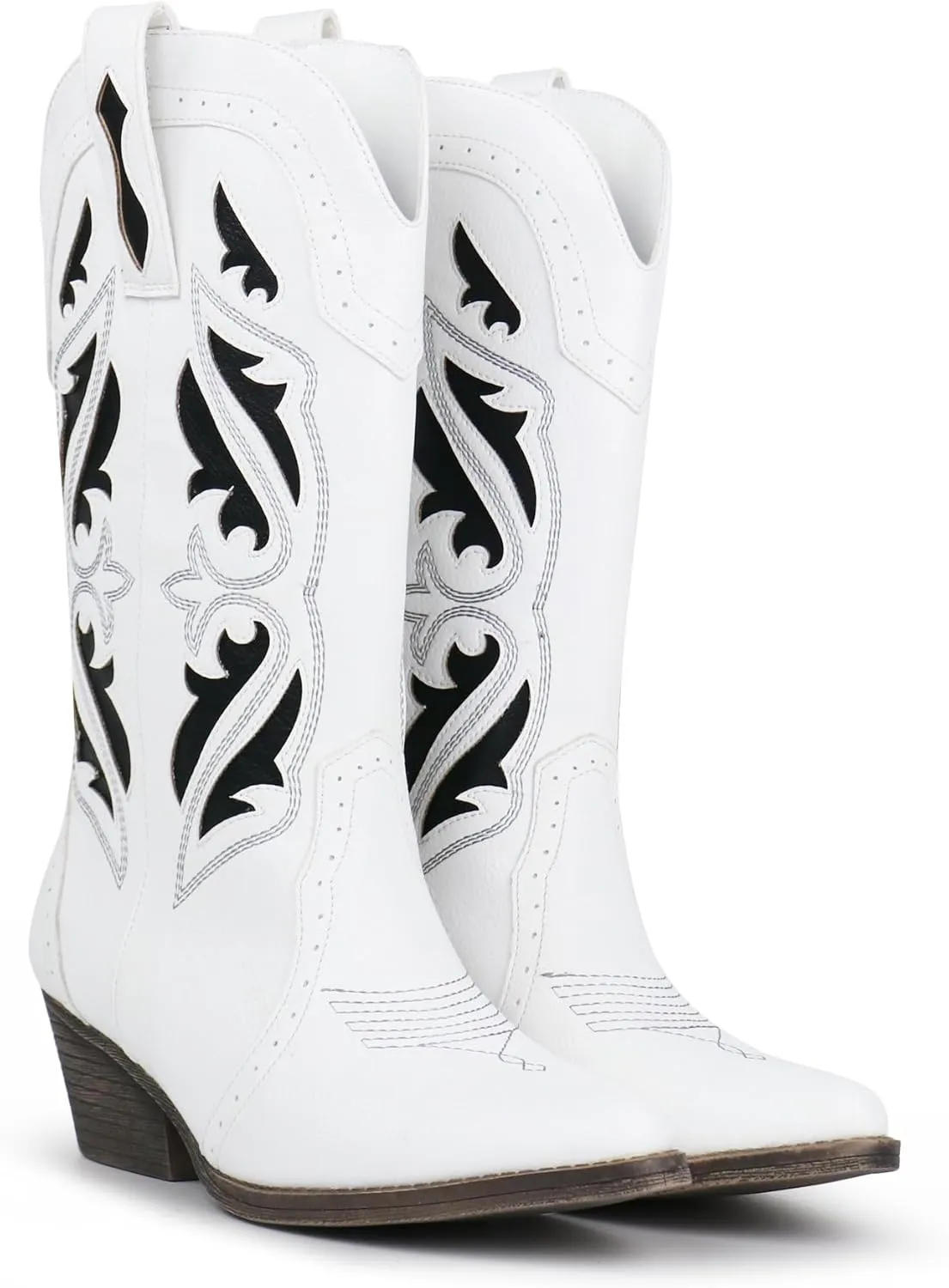 Hawkwell Women's Embroidered Stitched Mid Calf Cowboy Boots Pointed Toe Chunky Block Heel Classic Pull On Cowgirl Western Booties