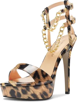 HDEUOLM Women Stiletto High Platform Heel Peep Open Toe Sandals Ankle Strap Metal Chain Party Dress 4.7 Inches Heels