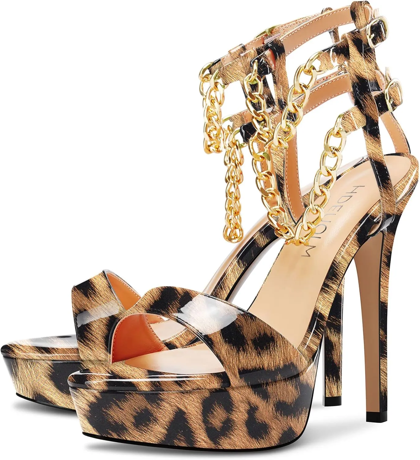 HDEUOLM Women Stiletto High Platform Heel Peep Open Toe Sandals Ankle Strap Metal Chain Party Dress 4.7 Inches Heels