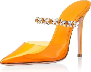 Heeled Mules Gem-Crystal Chain Embellished Strap High Stiletto Heels Sandals