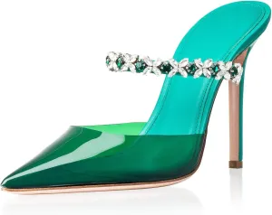 Heeled Mules Gem-Crystal Chain Embellished Strap High Stiletto Heels Sandals