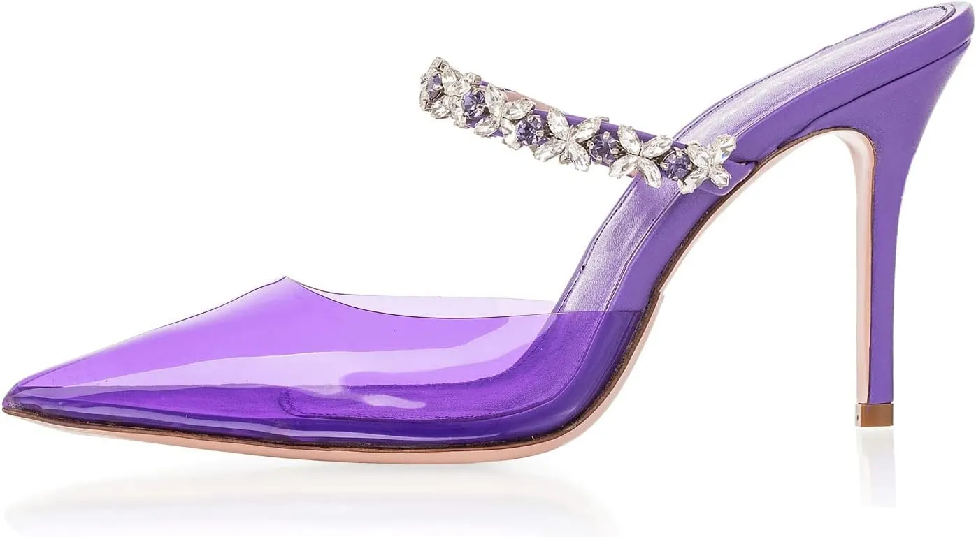 Heeled Mules Gem-Crystal Chain Embellished Strap High Stiletto Heels Sandals