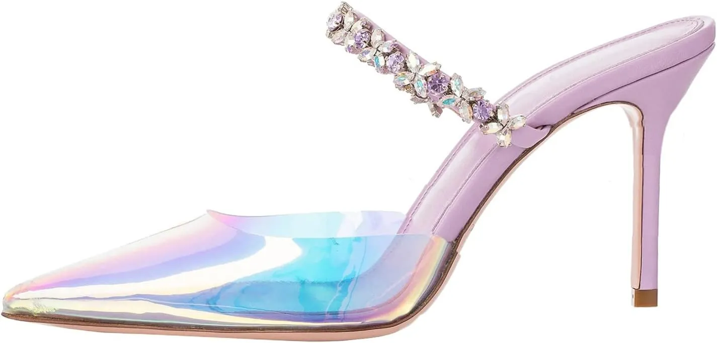 Heeled Mules Gem-Crystal Chain Embellished Strap High Stiletto Heels Sandals