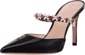 Heeled Mules Gem-Crystal Chain Embellished Strap High Stiletto Heels Sandals