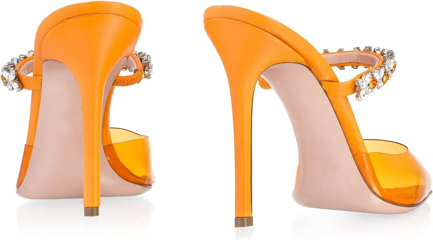 Heeled Mules Gem-Crystal Chain Embellished Strap High Stiletto Heels Sandals