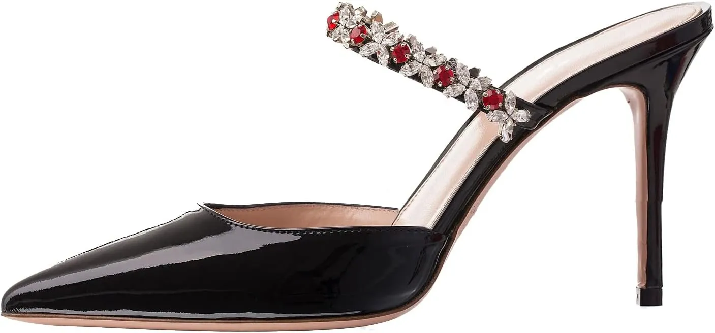 Heeled Mules Gem-Crystal Chain Embellished Strap High Stiletto Heels Sandals